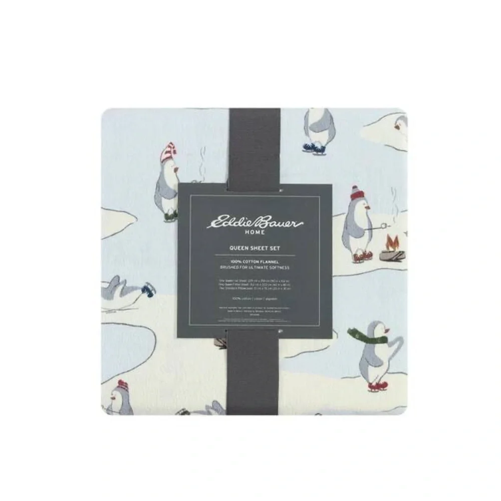 Eddie Bauer Skating Penguins 4-Piece Light Blue Graphic Flannel Full SheetSetNWT